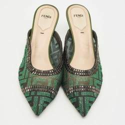 Pre Owned Fendi Green/Black Mesh Crystal Embellish Colibri Mules Size 39.5