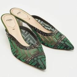 Pre Owned Fendi Green/Black Mesh Crystal Embellish Colibri Mules Size 39.5