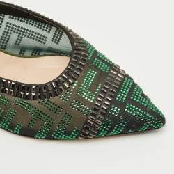 Pre Owned Fendi Green/Black Mesh Crystal Embellish Colibri Mules Size 39.5
