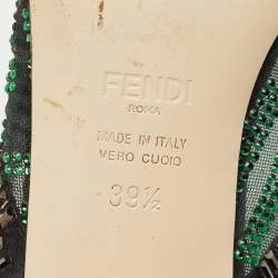Pre Owned Fendi Green/Black Mesh Crystal Embellish Colibri Mules Size 39.5