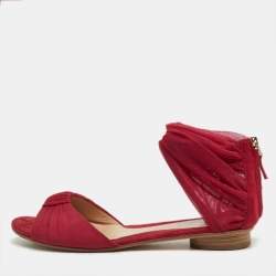 Pre Owned Fendi Red Mesh and Suede Ankle Wrap Flat Sandals Size 37