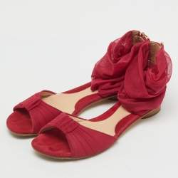 Pre Owned Fendi Red Mesh and Suede Ankle Wrap Flat Sandals Size 37