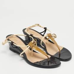 Pre Owned Fendi Tri-Color Patent Leather Bow Thong Wedge Sandals Size 38.5