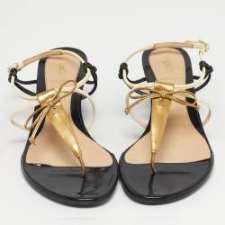 Pre Owned Fendi Tri-Color Patent Leather Bow Thong Wedge Sandals Size 38.5