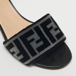 Pre Owned Fendi Black/Grey Velvet FF Slide Sandals Size 39