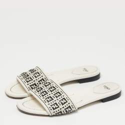 Pre Owned Fendi White Woven Leather Flat Slide Size 38