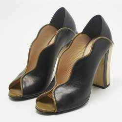 Pre Owned Fendi Black Leather Scallop Lined Peep Toe Pumps Size 37