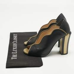 Pre Owned Fendi Black Leather Scallop Lined Peep Toe Pumps Size 37