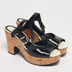 Pre Owned Fendi Black Patent Leather Cork Wedge Sandals Size 38.5