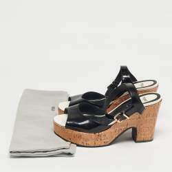 Pre Owned Fendi Black Patent Leather Cork Wedge Sandals Size 38.5