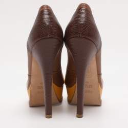 Pre Owned Fendi Brown/Yellow Lizard Embossed Leather Fendista Peep Toe Pumps Size 40