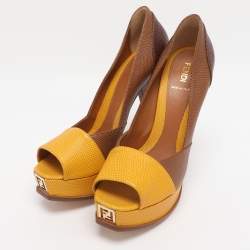 Pre Owned Fendi Brown/Yellow Lizard Embossed Leather Fendista Peep Toe Pumps Size 40