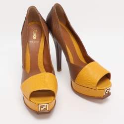 Pre Owned Fendi Brown/Yellow Lizard Embossed Leather Fendista Peep Toe Pumps Size 40