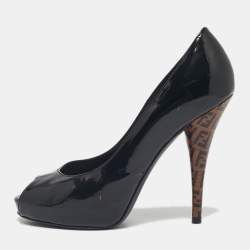 Pre Owned Fendi Black Patent Leather FF Heels Peep Toe Platform Pumps Size 36.5