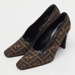 Pre Owned Fendi Brown/Black Zucca Canvas and Leather Pumps Size 36.5
