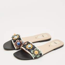 Pre Owned Fendi Black/White Leather Flowerland Flat Slide Size 40