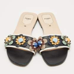 Pre Owned Fendi Black/White Leather Flowerland Flat Slide Size 40