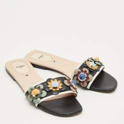 Pre Owned Fendi Black/White Leather Flowerland Flat Slide Size 40