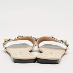 Pre Owned Fendi Black/White Leather Flowerland Flat Slide Size 40