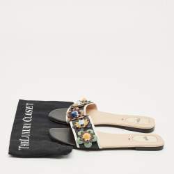 Pre Owned Fendi Black/White Leather Flowerland Flat Slide Size 40
