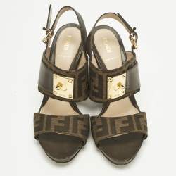 Pre Owned Fendi Brown Zucca Canvas and Leather Slingback Wedge Sandals Size 39