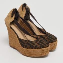 Pre Owned Fendi Brown Zucca Canvas Espadrille Wedge Sandals Size 41