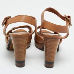 Pre Owned Fendi Brown Leather Peep Toe Platform Ankle Strap Sandals Size 38