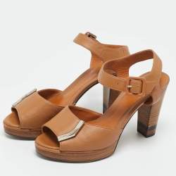 Pre Owned Fendi Brown Leather Peep Toe Platform Ankle Strap Sandals Size 38
