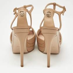 Pre Owned Fendi Beige Leather Duo Platform T-Strap Sandals Size 37
