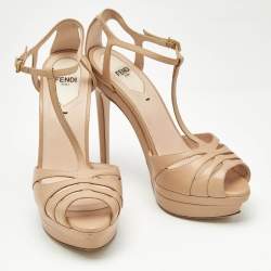 Pre Owned Fendi Beige Leather Duo Platform T-Strap Sandals Size 37