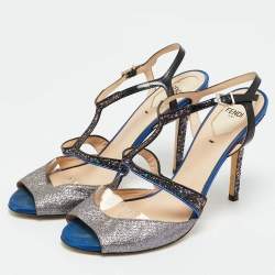 Pre Owned Fendi Multicolor Glitter and Patent Leather Ankle Strap Sandals Size 40