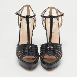 Pre Owned Fendi Black Patent Leather Strappy T-Bar Platform Sandals Size 37