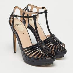Pre Owned Fendi Black Patent Leather Strappy T-Bar Platform Sandals Size 37
