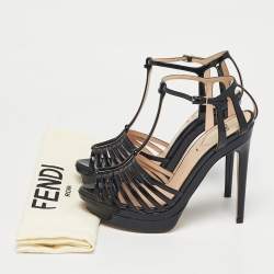 Pre Owned Fendi Black Patent Leather Strappy T-Bar Platform Sandals Size 37