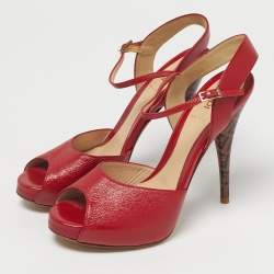 Pre Owned Fendi Red Leather Zucca Print Heel Peep Toe Ankle Strap Sandals Size 38