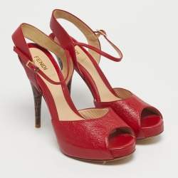 Pre Owned Fendi Red Leather Zucca Print Heel Peep Toe Ankle Strap Sandals Size 38