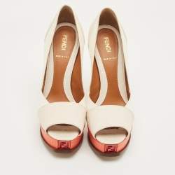 Pre Owned Fendi Cream/Orange Lizard Embossed Leather Fendista Peep Toe Pumps Size 37,5