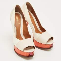 Pre Owned Fendi Cream/Orange Lizard Embossed Leather Fendista Peep Toe Pumps Size 37,5