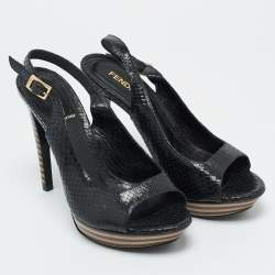 Pre Owned Fendi Black Python Embossed Leather Ankle Strap Sandals Size 38