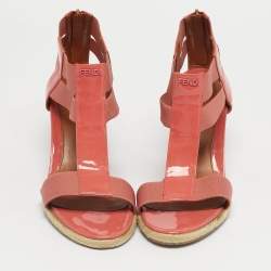 Pre Owned Fendi Coral Patent Leather And Elastic Fabric T-Strap Espadrille Wedge Sandals Size 37.5
