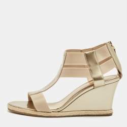Pre Owned Fendi Beige Elastic and Patent Leather T-Strap Wedge Espadrille Sandals Size 38