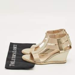 Pre Owned Fendi Beige Elastic and Patent Leather T-Strap Wedge Espadrille Sandals Size 38