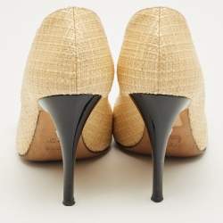 Pre Owned Fendi Cream/Black Patent Leather and Raffia Bow Peep Toe Pumps Size 39