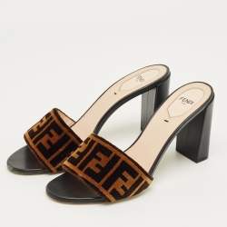 Pre Owned Fendi Brown Zucca Velvet FF Logo Slip On Slide Sandals Size 40