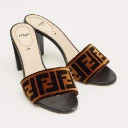 Pre Owned Fendi Brown Zucca Velvet FF Logo Slip On Slide Sandals Size 40