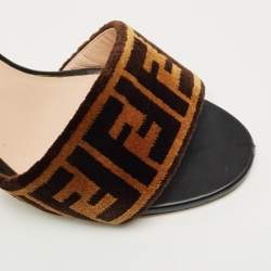 Pre Owned Fendi Brown Zucca Velvet FF Logo Slip On Slide Sandals Size 40
