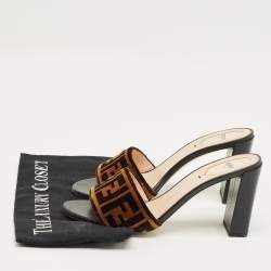 Pre Owned Fendi Brown Zucca Velvet FF Logo Slip On Slide Sandals Size 40