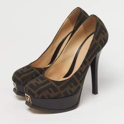 Pre Owned Fendi Brown Zucca Canvas Fendista Platform Pumps Size 38