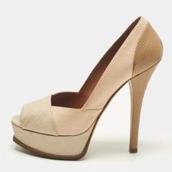 Pre Owned Fendi Tri Color Fendista Colorblock Lizard-Embossed Leather Peep Toe Platform Pumps Size 39