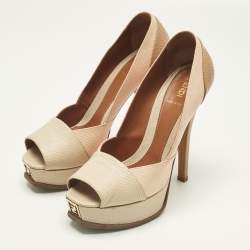 Pre Owned Fendi Tri Color Fendista Colorblock Lizard-Embossed Leather Peep Toe Platform Pumps Size 39